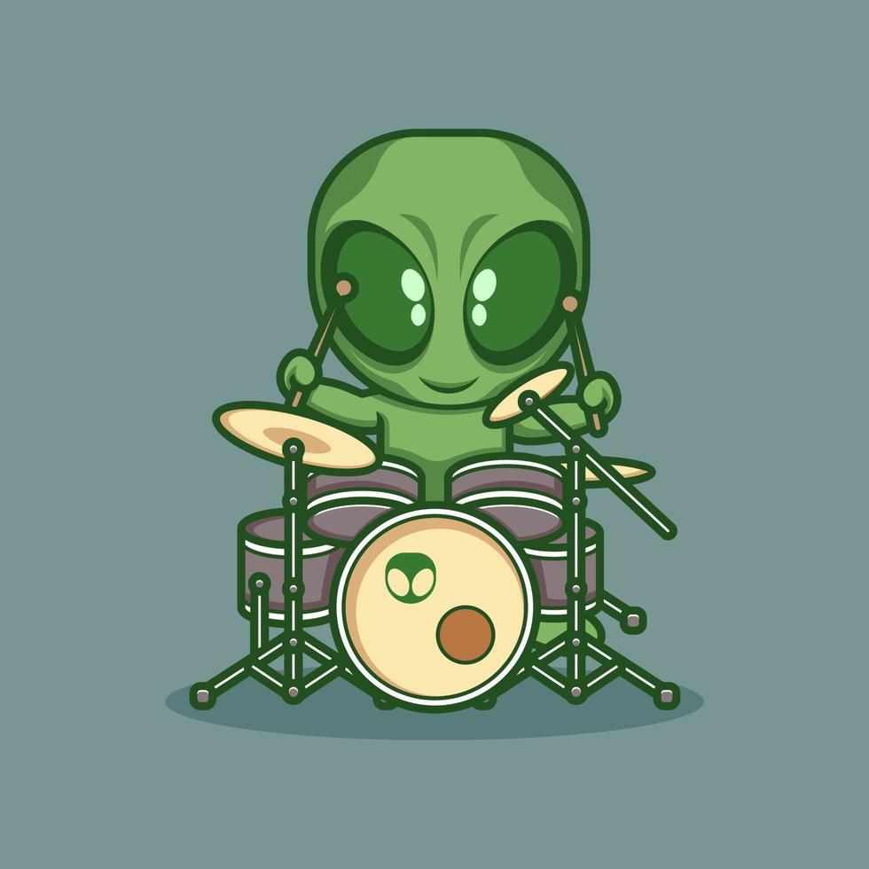 cute cartoon alien playing drums vector