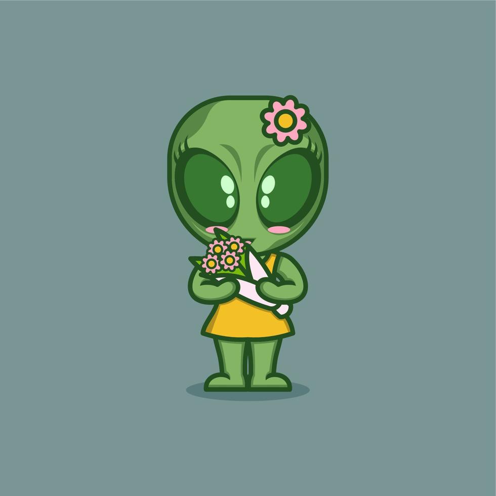 linda dibujos animados extraterrestre con flores vector