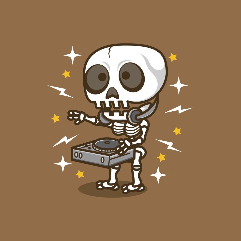 cute cartoon skull playing dj vector