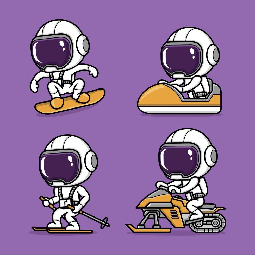 linda dibujos animados astronauta nieve deporte vector