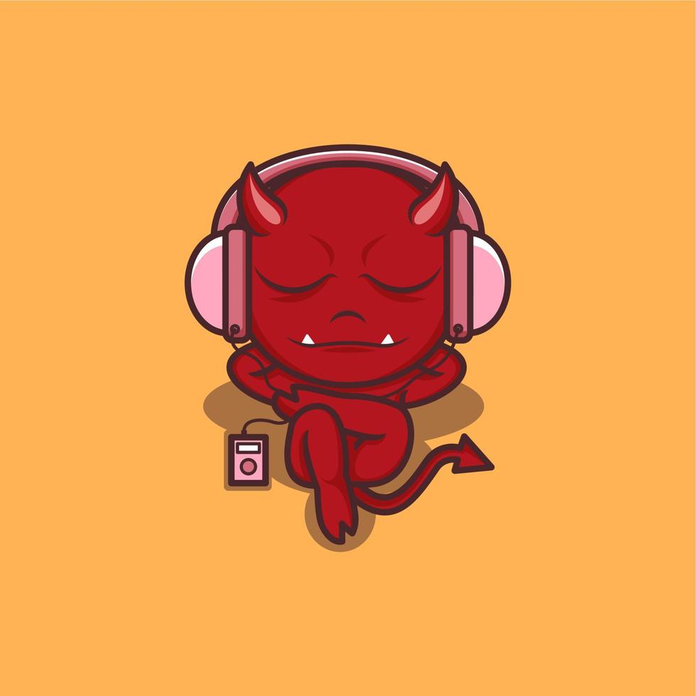 cute cartoon devil listening music with headphone vector