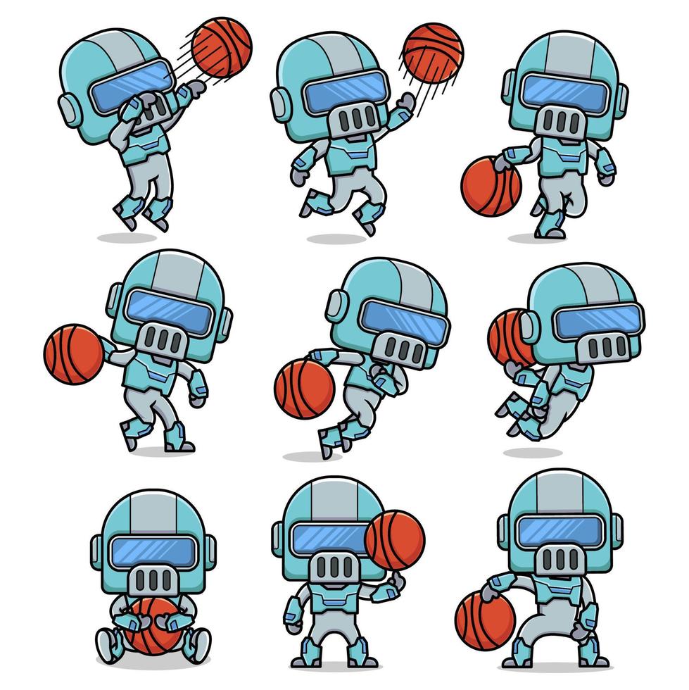 cute cartoon robot playing basketball vector