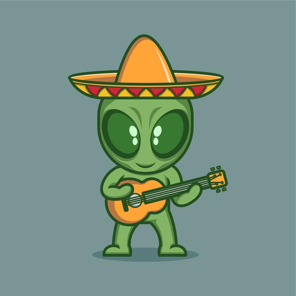 funny cartoon alien with mexican guitar vector