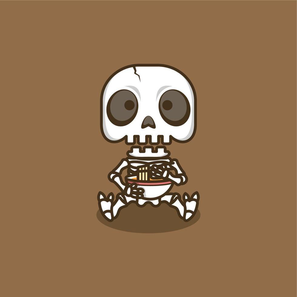cute cartoon skull eating ramen noodles vector