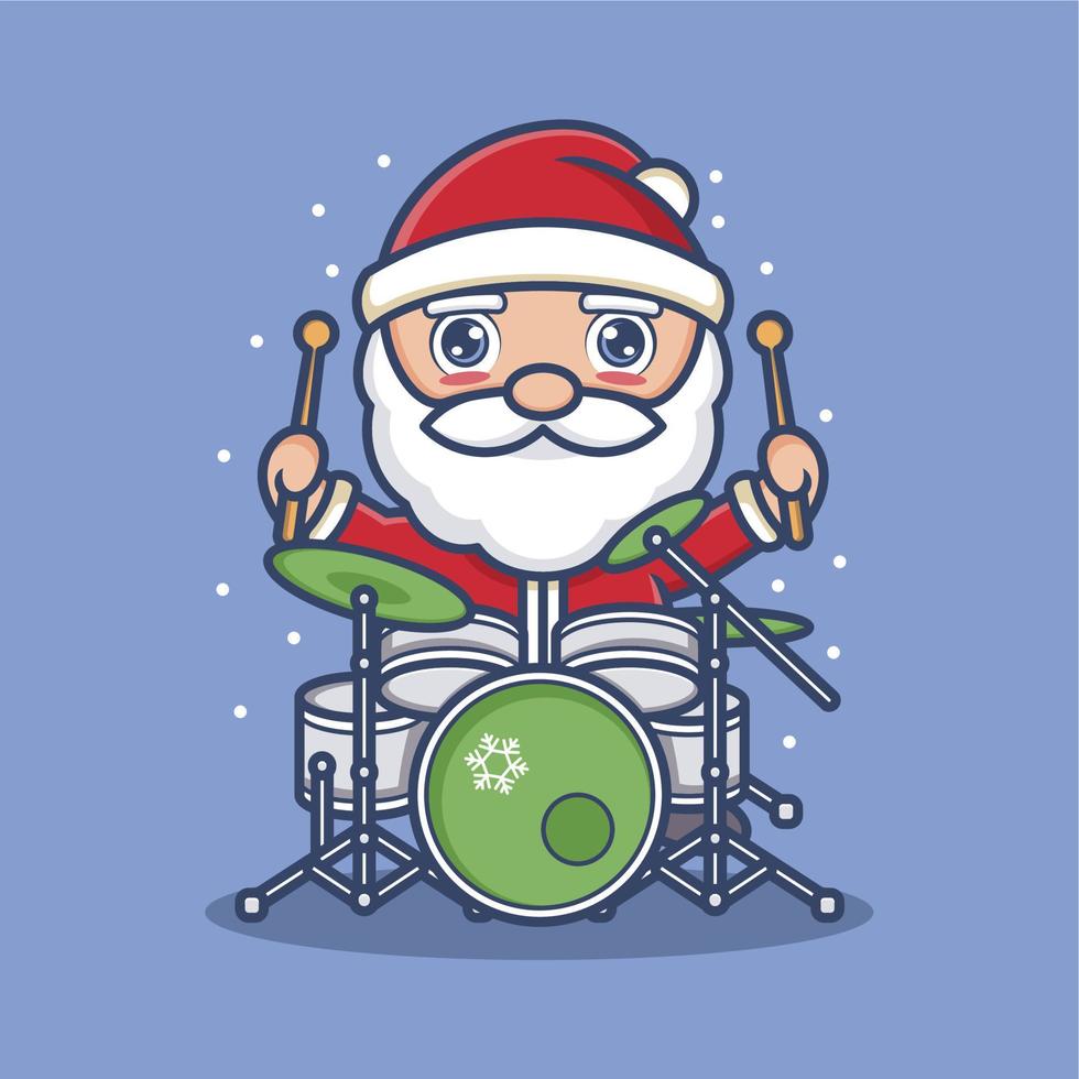 linda dibujos animados Papa Noel claus jugando tambores vector