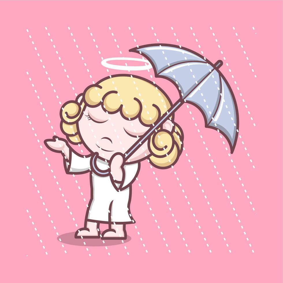 linda dibujos animados ángel vistiendo paraguas vector