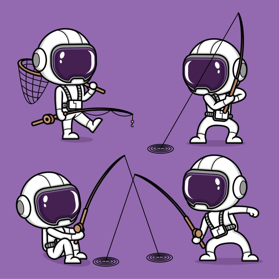 linda dibujos animados astronauta deporte pescar vector