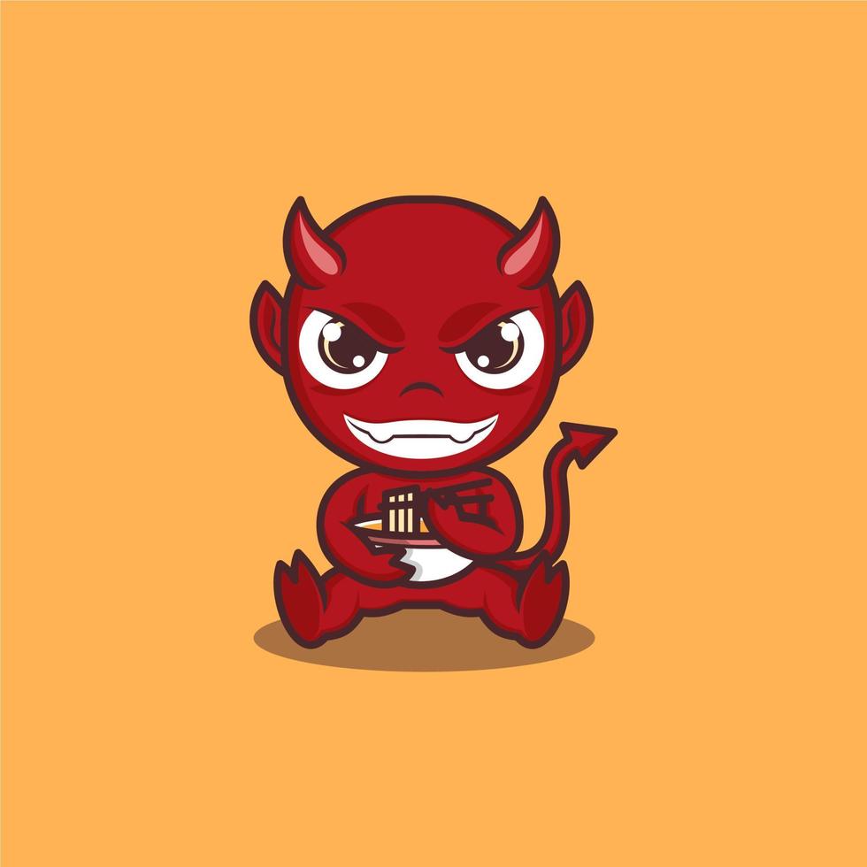 cute cartoon devil with eating ramen noodles vector