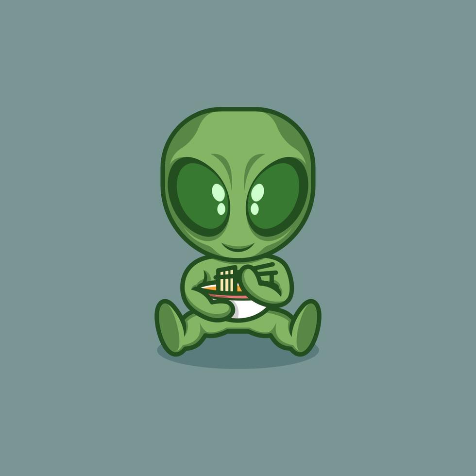 cute cartoon alien eating ramen noodles vector