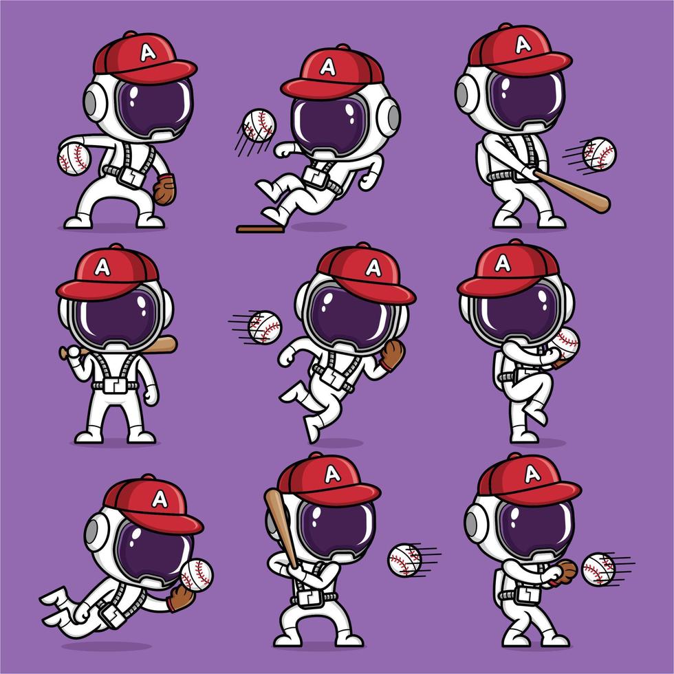 linda dibujos animados astronauta jugando béisbol vector