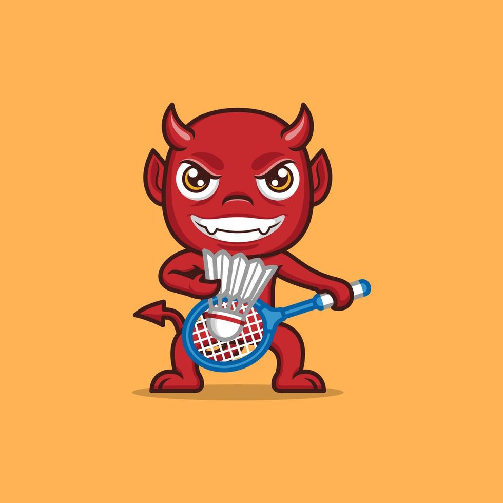 cute cartoon devil playing badminton vector