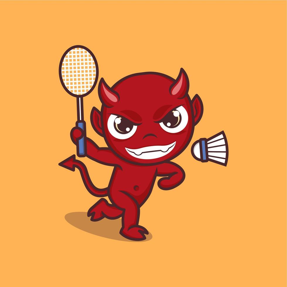 cute cartoon devil playing badminton vector