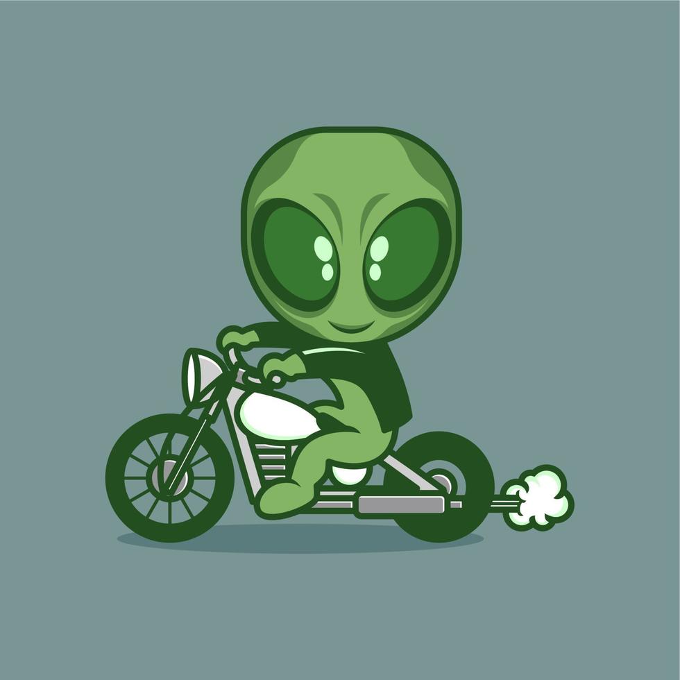 cute cartoon alien riding a motorbike vector