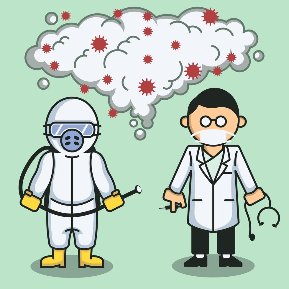 medical worker and funny cartoon virus vector