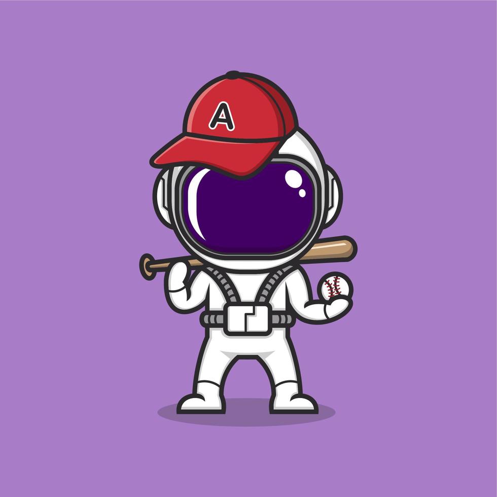 linda dibujos animados astronauta jugando béisbol vector