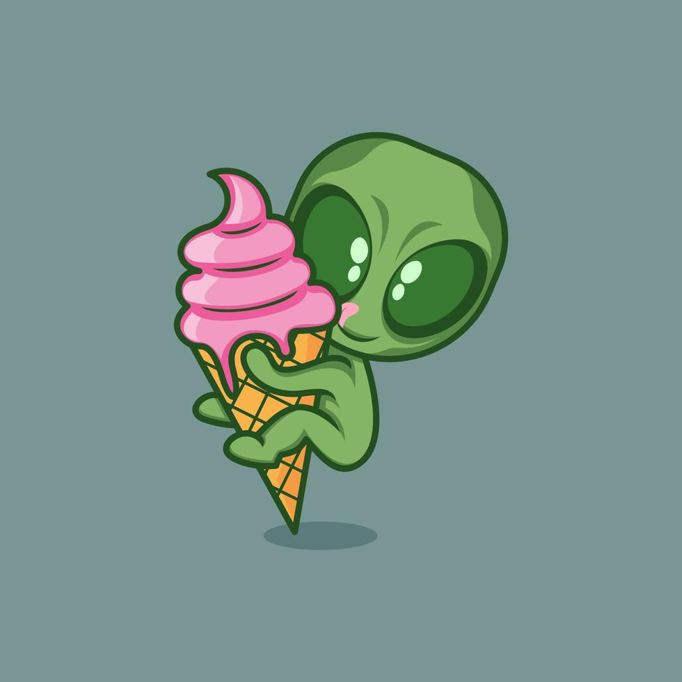 cute cartoon alien with ice cream vector