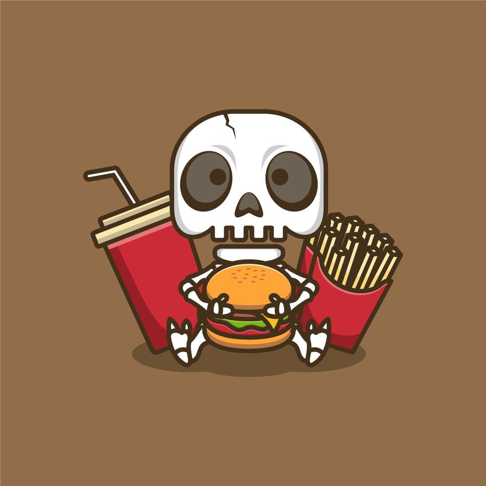 cute cartoon skull with burger vector