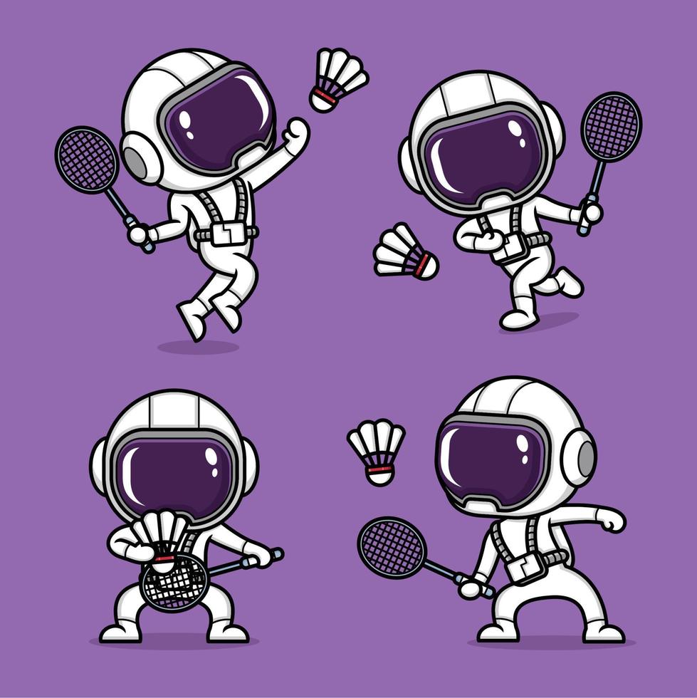 linda dibujos animados astronauta jugando bádminton vector
