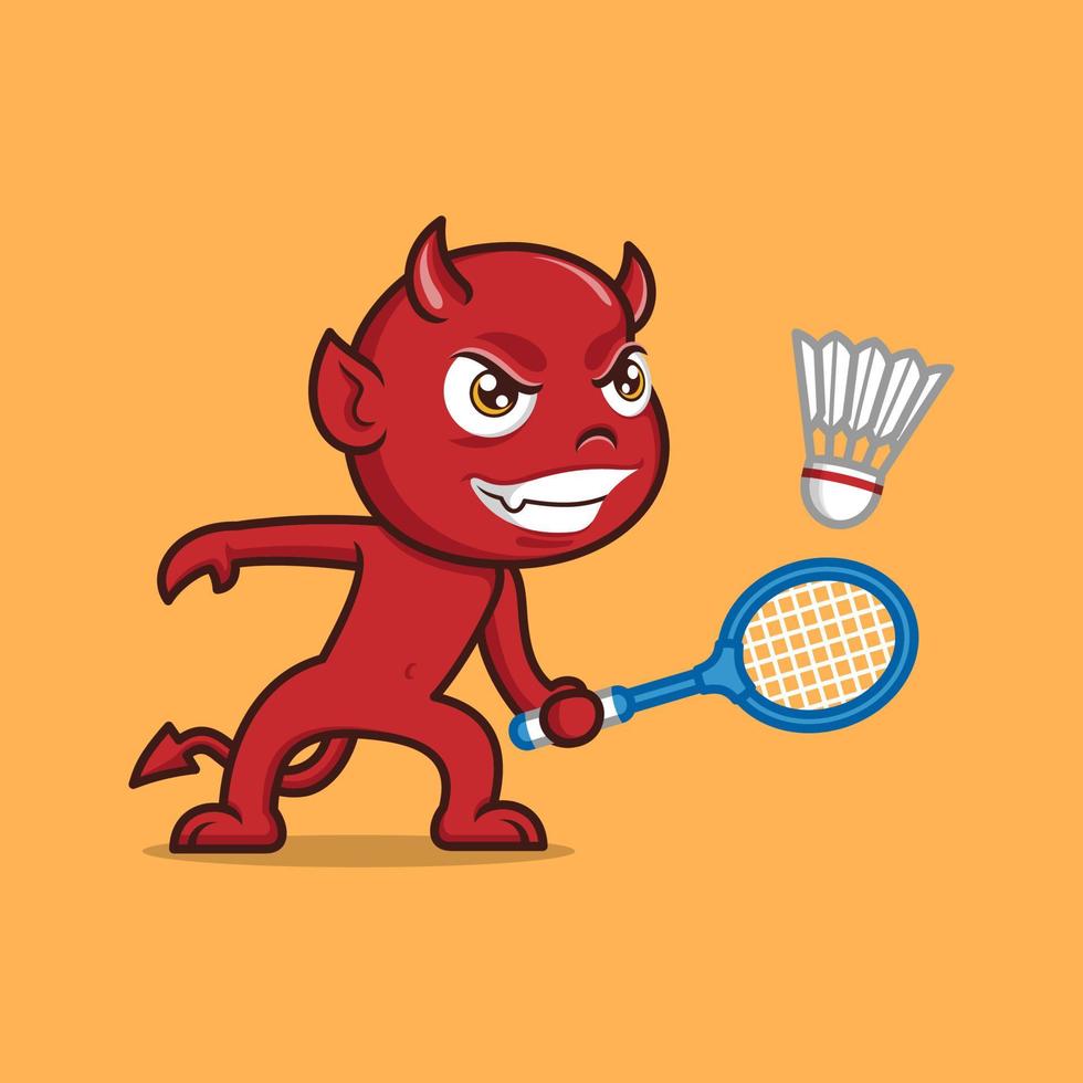 cute cartoon devil playing badminton vector