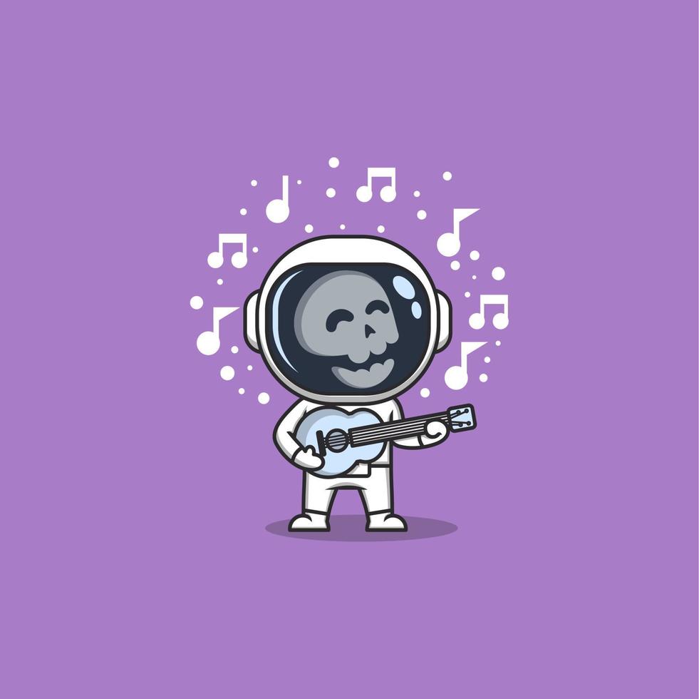 linda dibujos animados cráneo astronauta jugando guitarra vector
