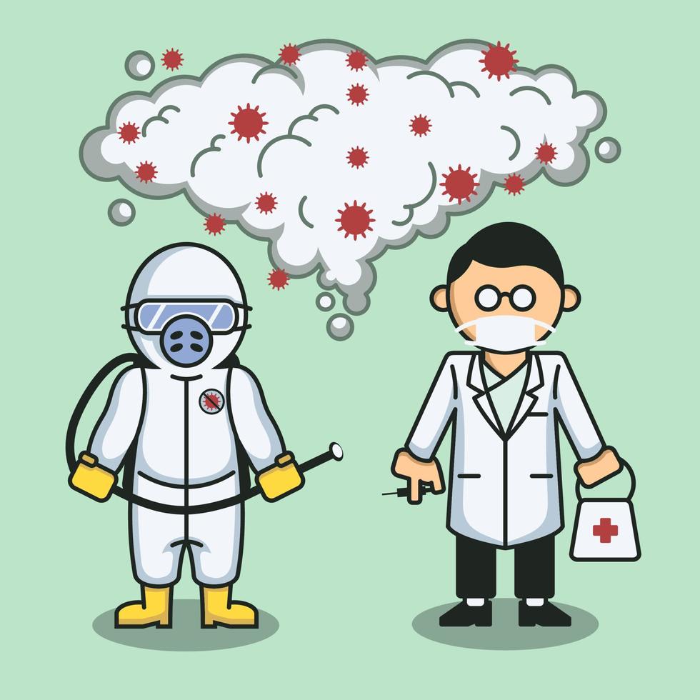 medical worker and funny cartoon virus vector