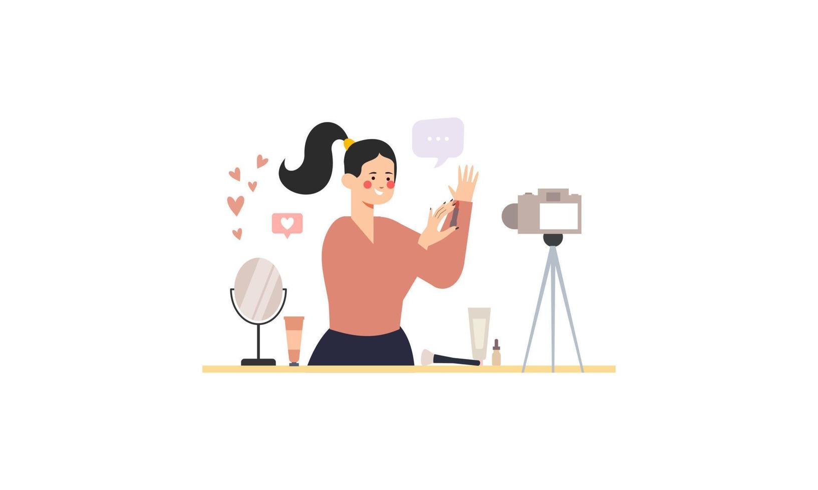 Beauty blogger recording makeup tutorial video for her vlog illustration vector