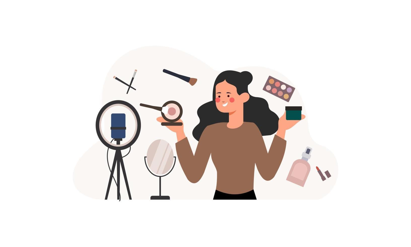 Beauty blogger recording makeup tutorial video for her vlog illustration vector