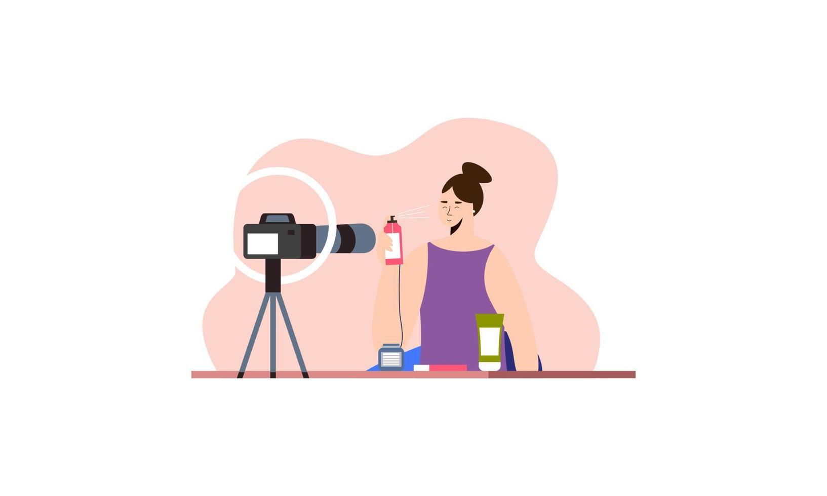 Beauty blogger recording makeup tutorial video for her vlog illustration vector