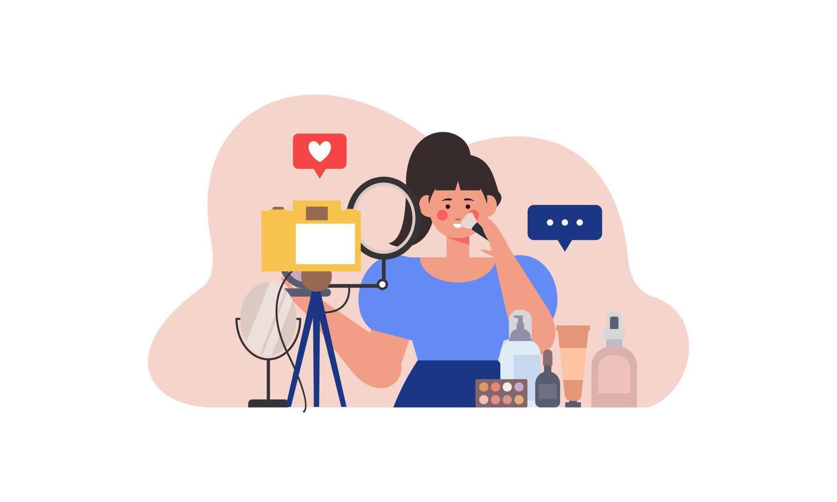 Beauty blogger recording makeup tutorial video for her vlog illustration vector