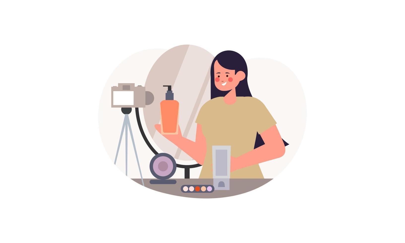 Beauty blogger recording makeup tutorial video for her vlog illustration vector