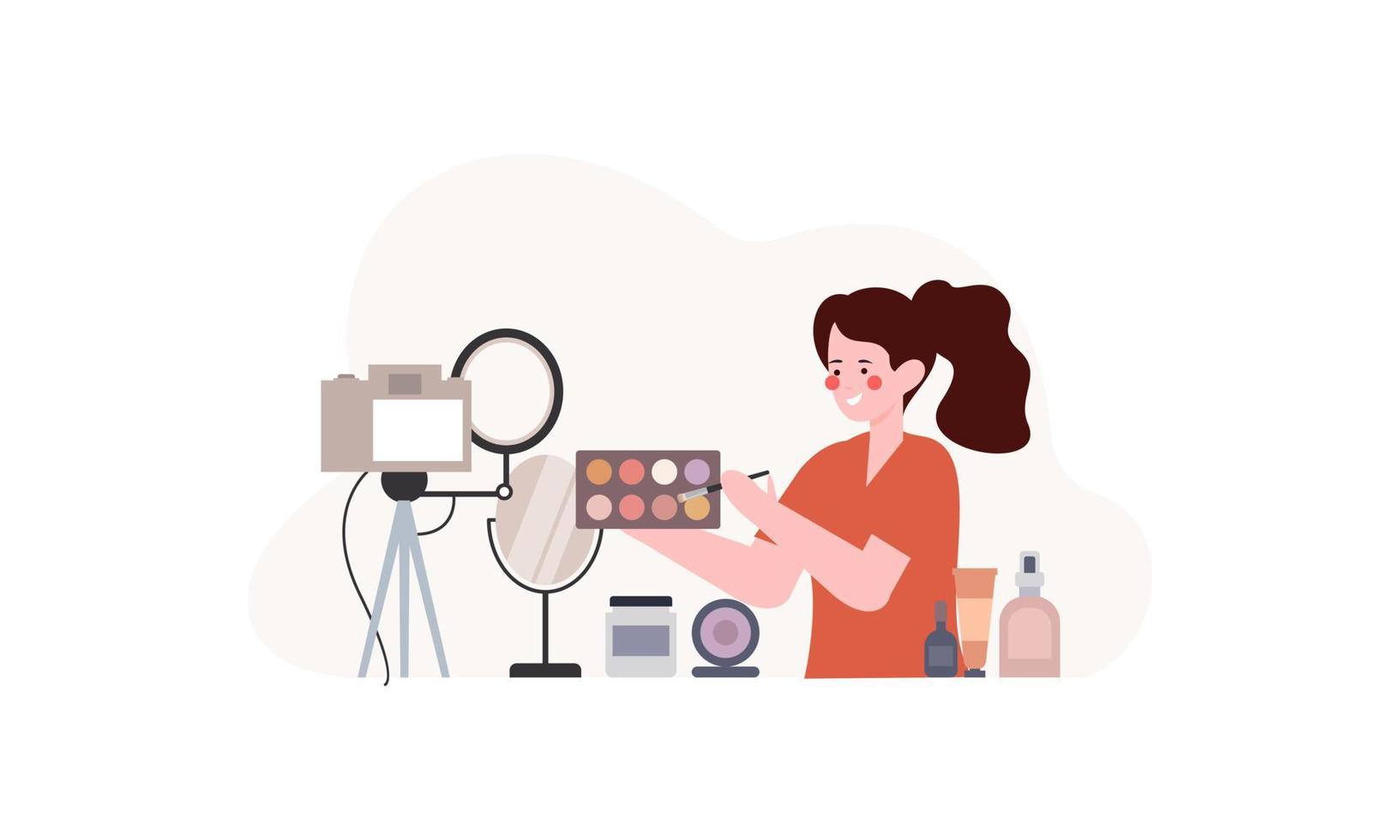 Beauty blogger recording makeup tutorial video for her vlog illustration vector