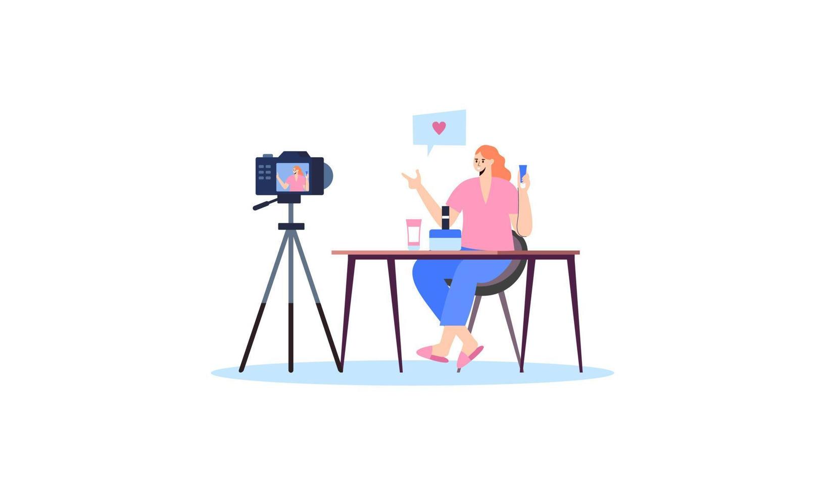 Beauty blogger recording makeup tutorial video for her vlog illustration vector