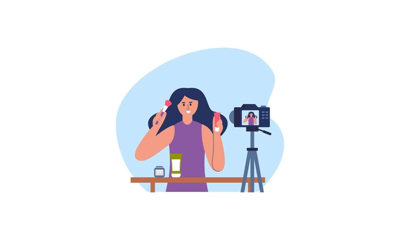 Beauty blogger recording makeup tutorial video for her vlog illustration vector