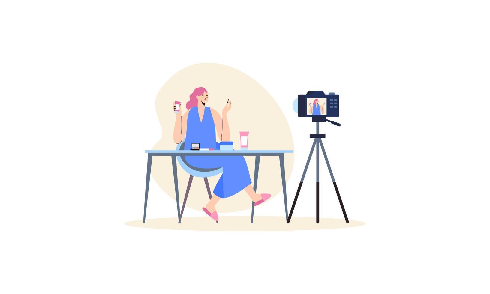 Beauty blogger recording makeup tutorial video for her vlog illustration vector