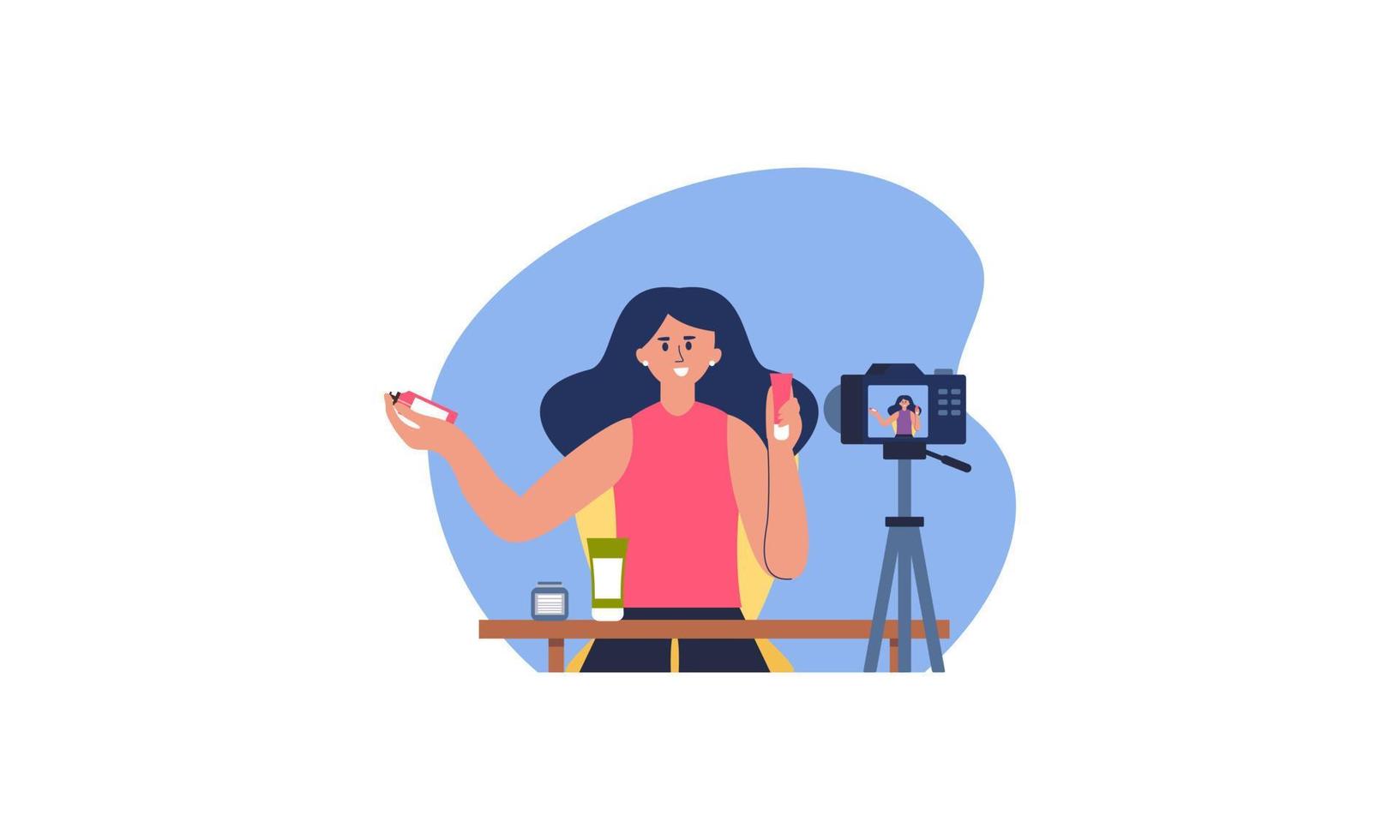Beauty blogger recording makeup tutorial video for her vlog illustration vector