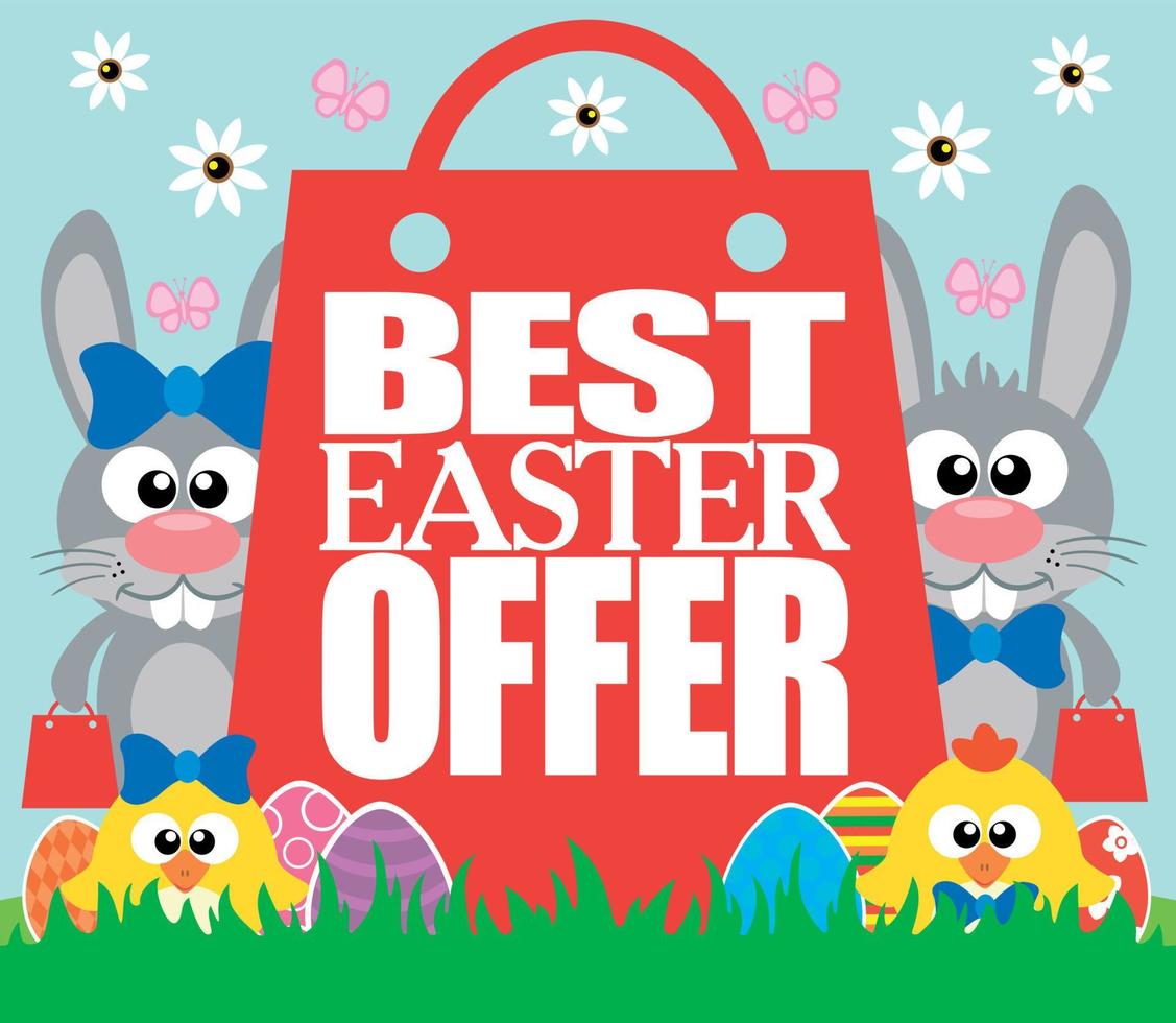 Best Easter offer with funny chickens and rabbits vector