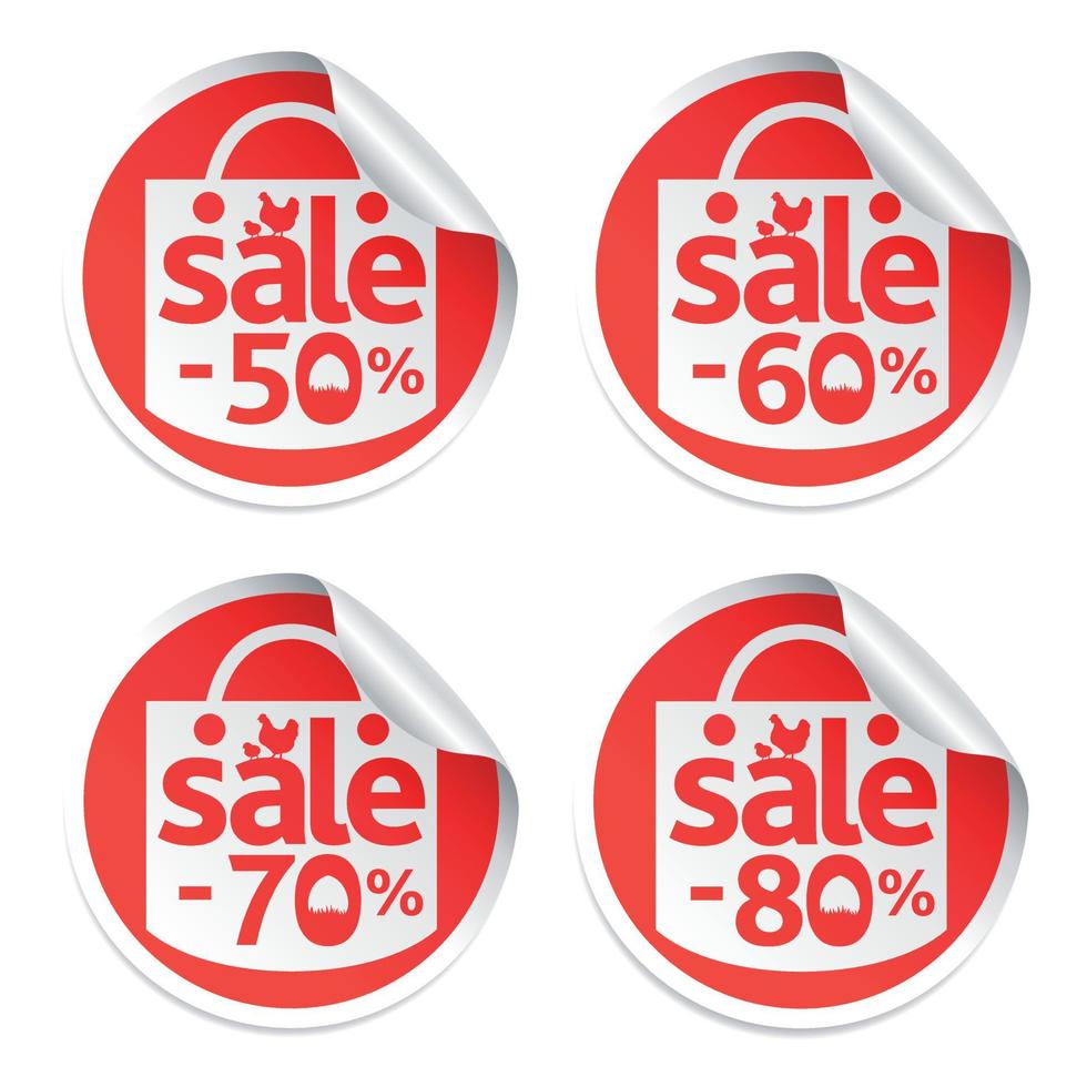 Easter sale stickers 50,60,70,80 with egg in the grass and chicken vector