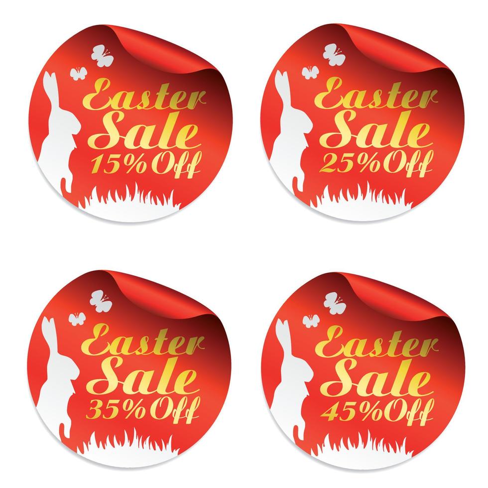 Easter red sale stickers set 15, 25, 35, 45 off with rabbit vector