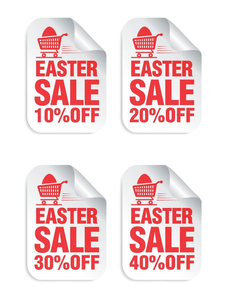 Easter Sale white sticker set with red text. Sale 10, 20, 30, 40 off vector