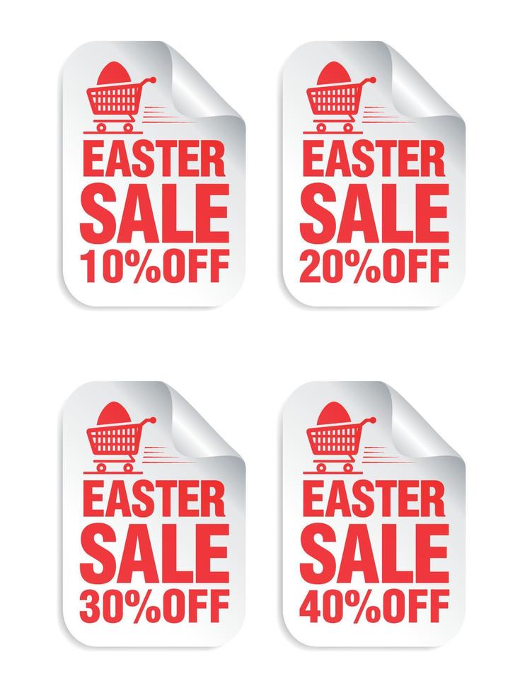 Easter Sale white sticker set with red text. Sale 10, 20, 30, 40 off vector