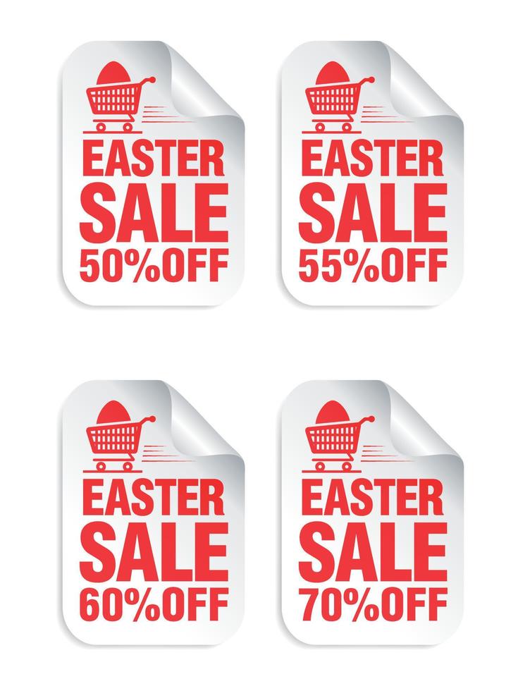 Easter Sale white sticker set with red text. Sale 50, 55, 60, 70 off vector