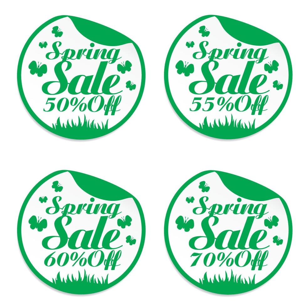 Spring design stickers set 50, 55, 60, 70 off with butterflies vector