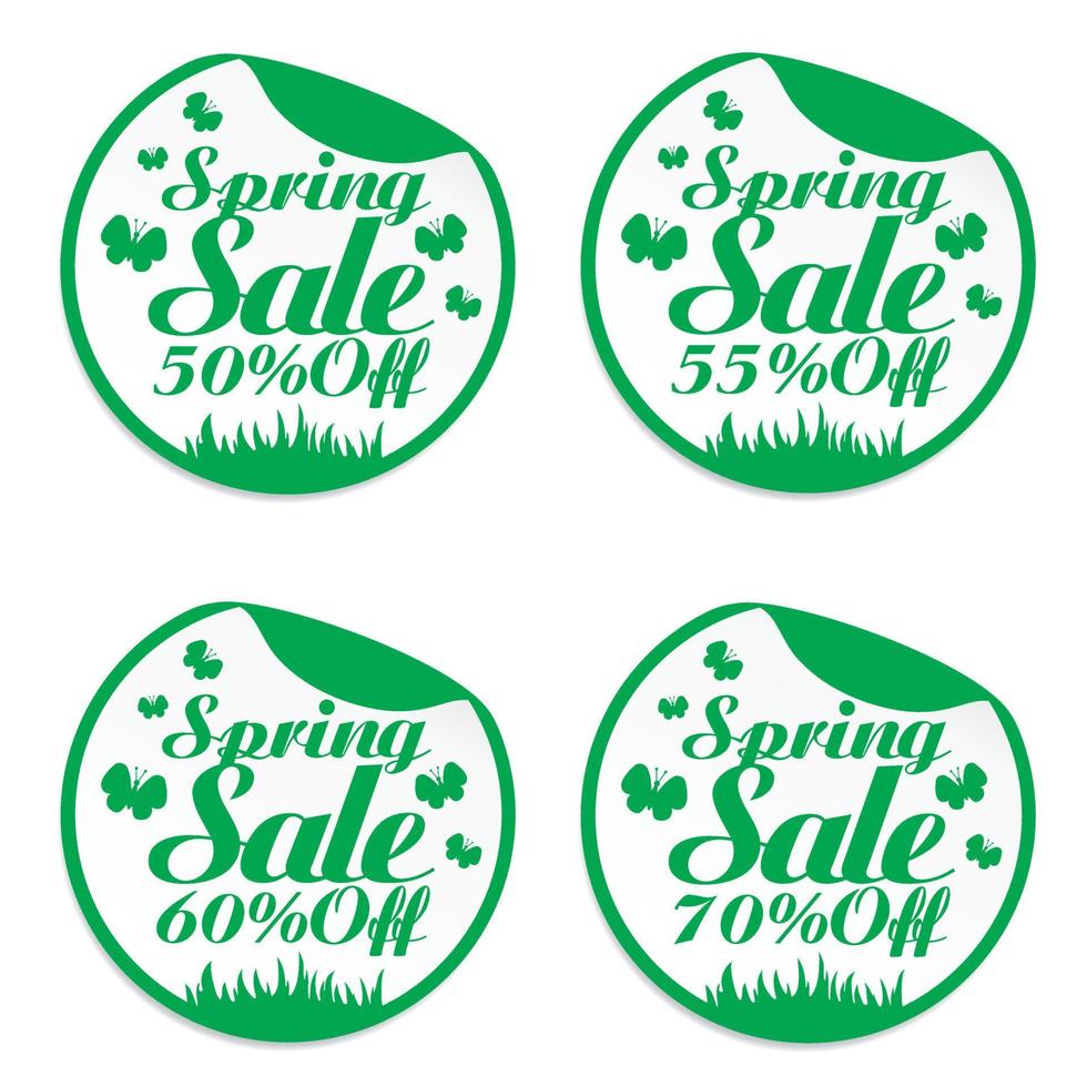 Spring design stickers set 50, 55, 60, 70 off with butterflies vector