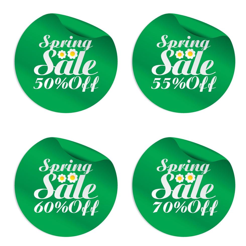 Spring sale stickers set 50, 55, 60, 70 off with flowers vector