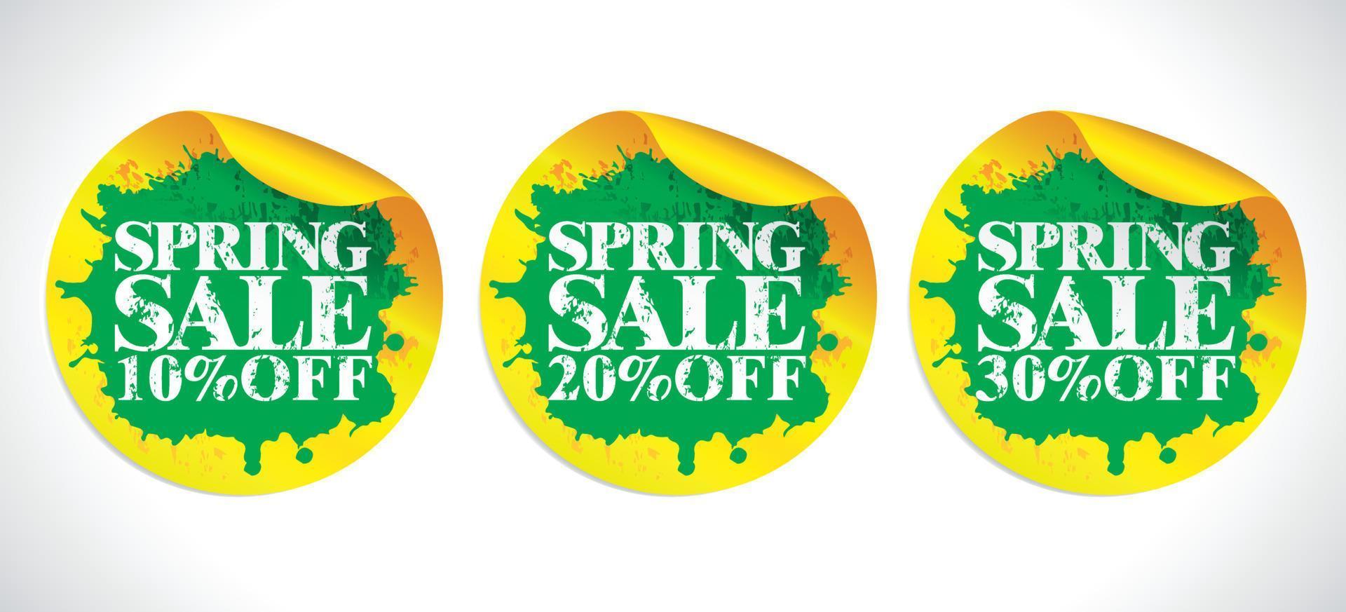 Spring sale stickers set. Grunge design concept style. Sale 10, 20, 30 percent off vector