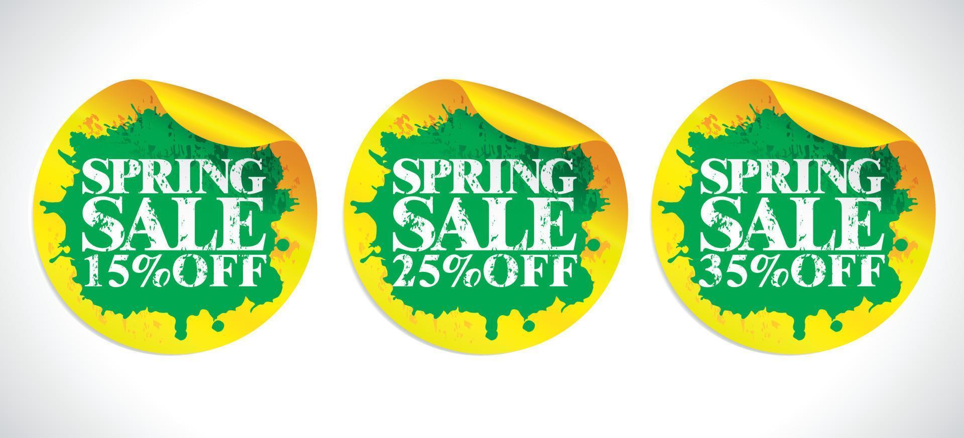 Spring sale stickers set. Grunge design concept style. Sale 15, 25, 35 percent off vector