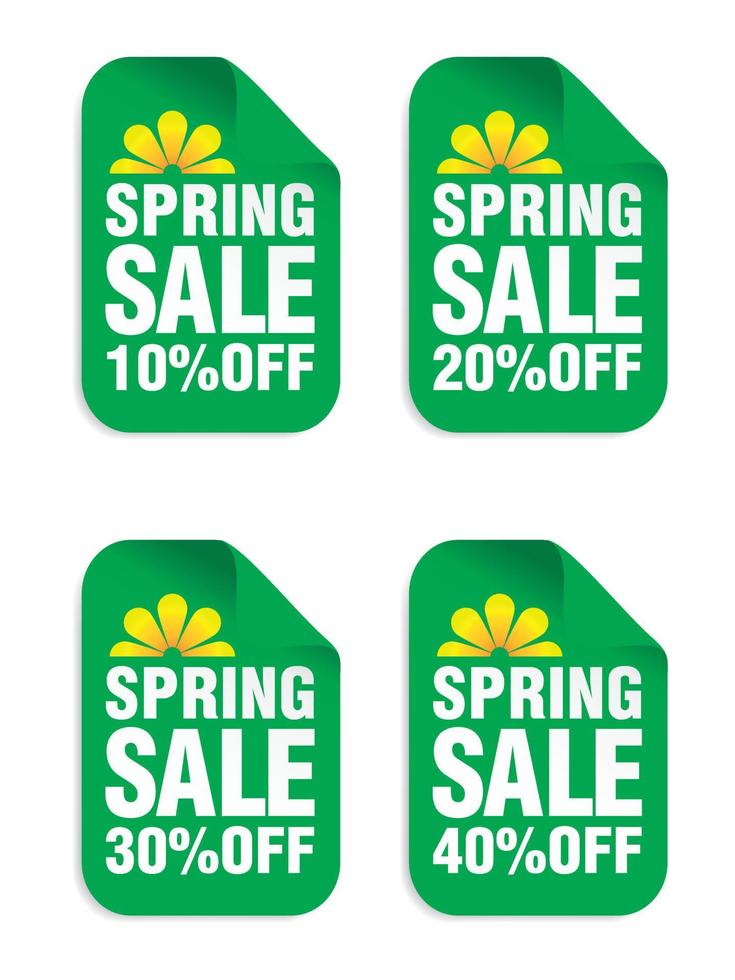 Spring sale green stickers set. Sale 10, 20, 30, 40 percent off vector