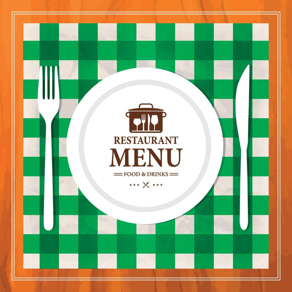 Restaurant menu food and drinks on a retro style. Plate, fork, knife, cutlery on green checkered tablecloth. Menu template vector