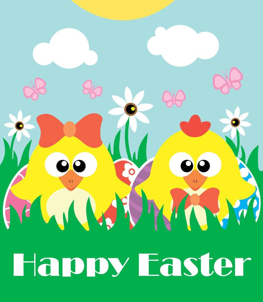 Happy Easter background with two funny chickens vector