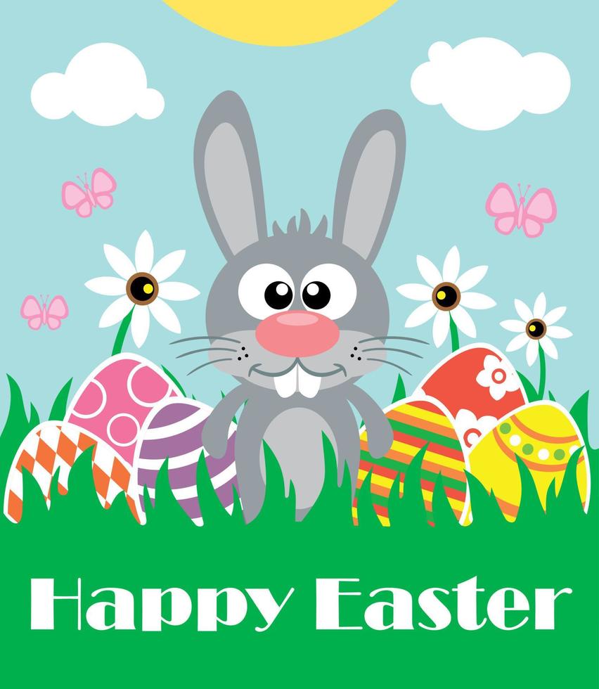 Happy Easter background card with funny rabbit vector illustration